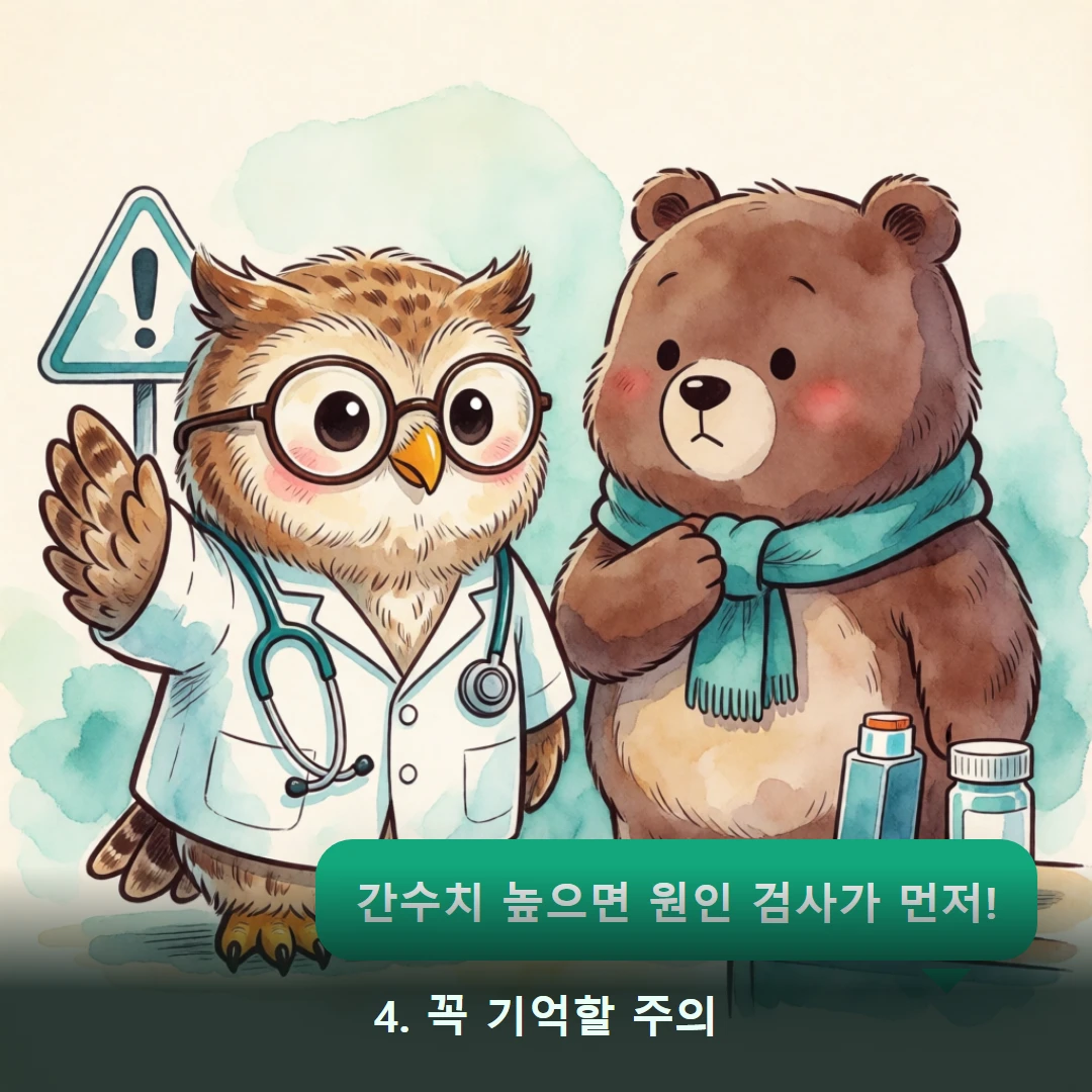 웹툰 4컷 — 4. 꼭 기억할 주의 (간수치 높으면 원인 검사가 먼저!)