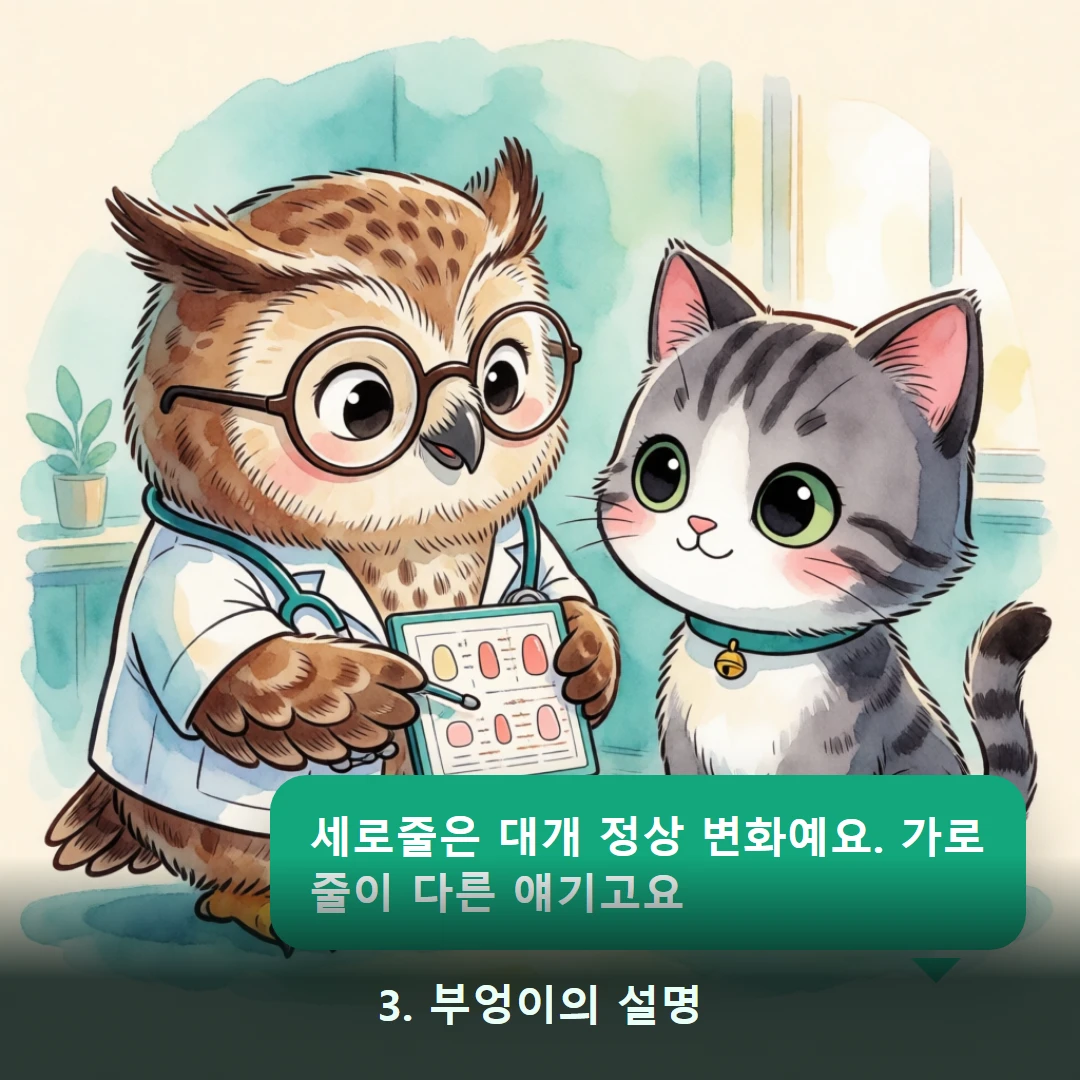 웹툰 3컷 — 3. 부엉이의 설명 (세로줄은 대개 정상 변화예요. 가로줄이 다른 얘기고요)