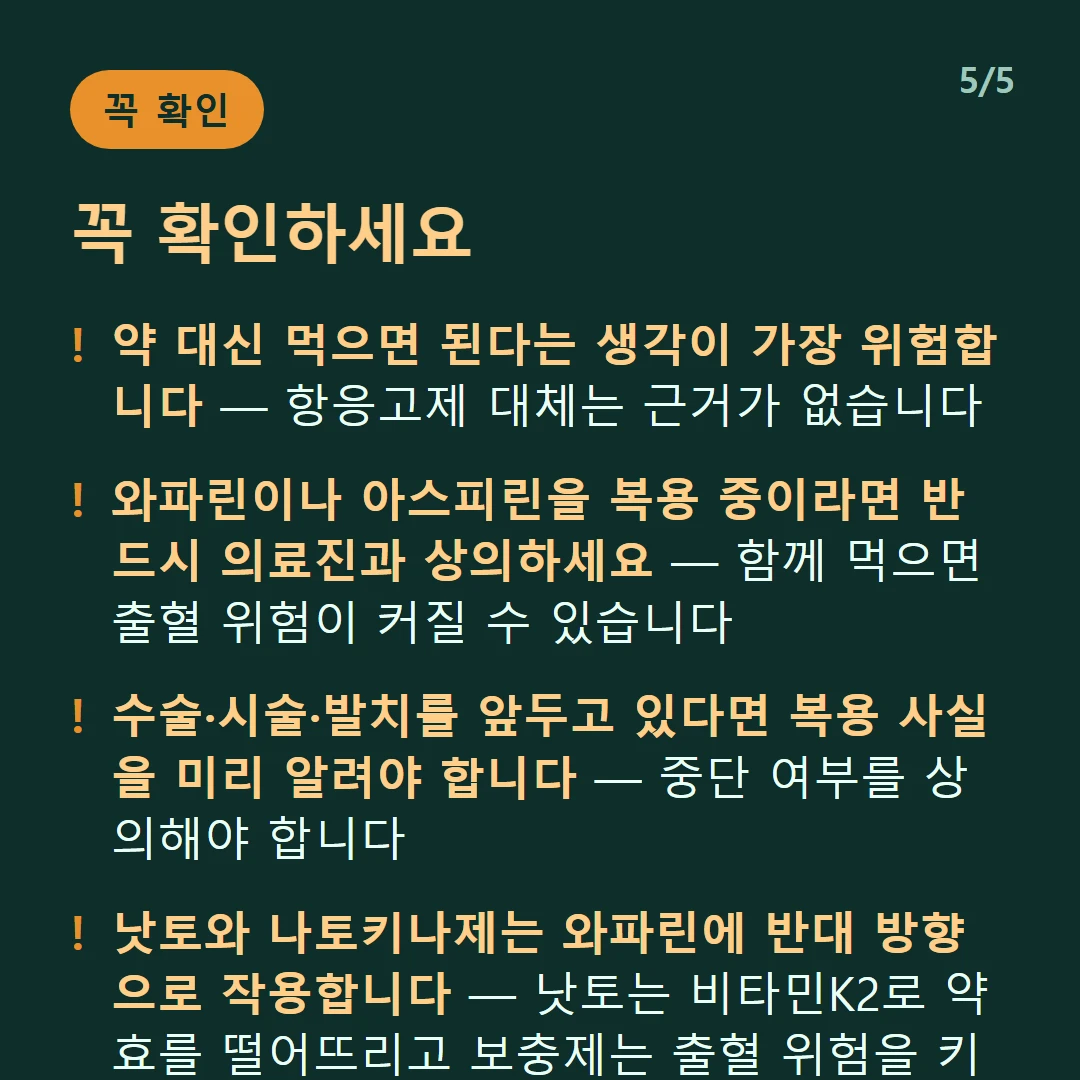 꼭 확인하세요 — 약 대신 먹으면 된다는 생각이 가장 위험합니다 — 항응고제 대체는 근거가 없습니다 / 와파린이나 아스피린을 복용 중이라면 반드시 의료진과 상의하세요 — 함께 먹으면 출혈 위험이 커질 수 있습니다 / 수술·시술·발치를 앞두고 있다면 복용 사실을 미리 알려야 합니다 — 중단 여부를 상의해야 합니다 / 낫토와 나토키나제는 와파린에 반대 방향으로 작용합니다 — 낫토는 비타민K2로 약효를 떨어뜨리고 보충제는 출혈 위험을 키웁니다