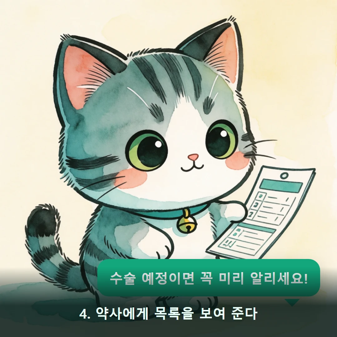 웹툰 4컷 — 4. 약사에게 목록을 보여 준다 (수술 예정이면 꼭 미리 알리세요!)
