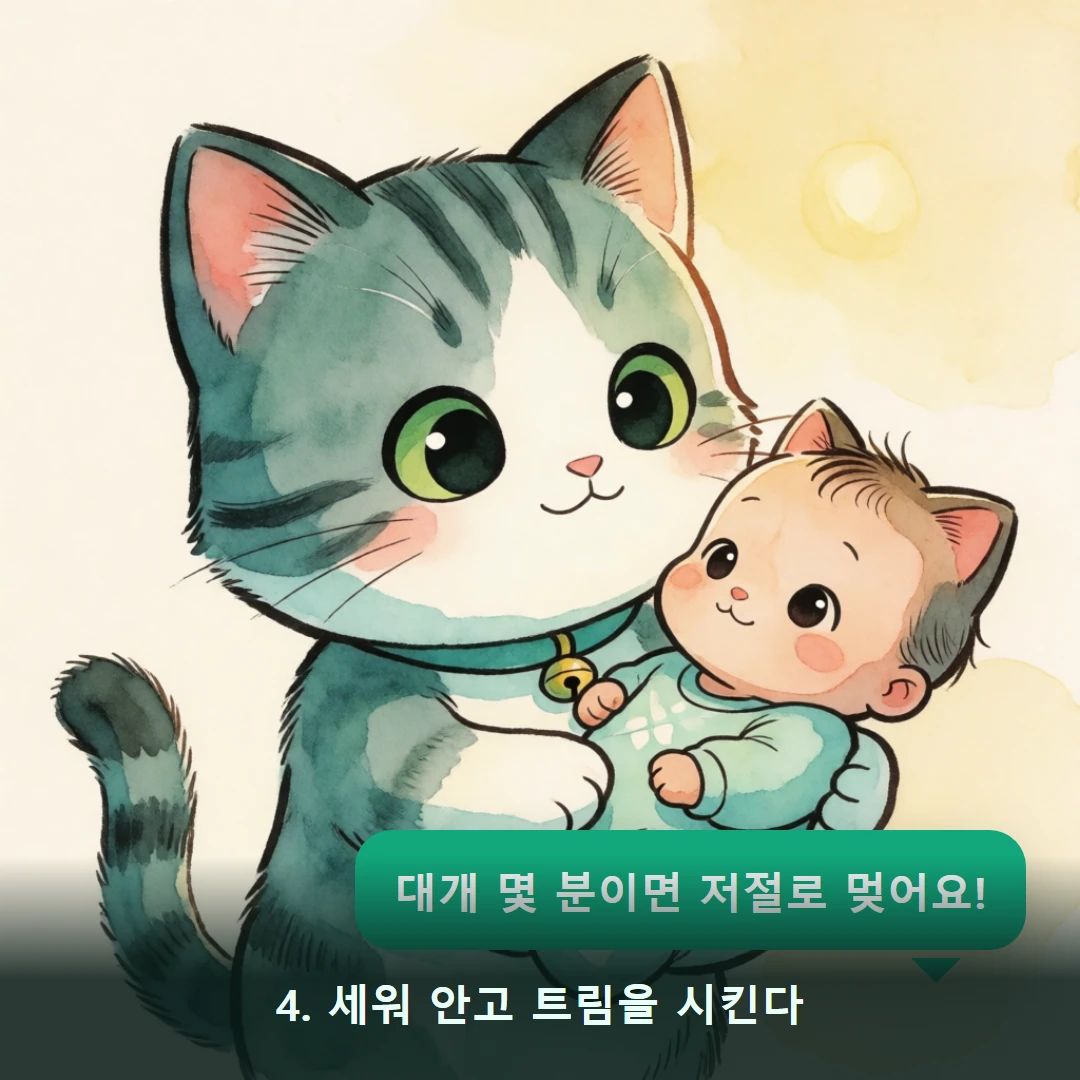 웹툰 4컷 — 4. 세워 안고 트림을 시킨다 (대개 몇 분이면 저절로 멎어요!)