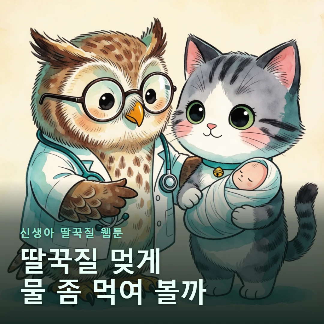 신생아 딸꾹질 웹툰 표지 — 딸꾹질 멎게 물 좀 먹여 볼까