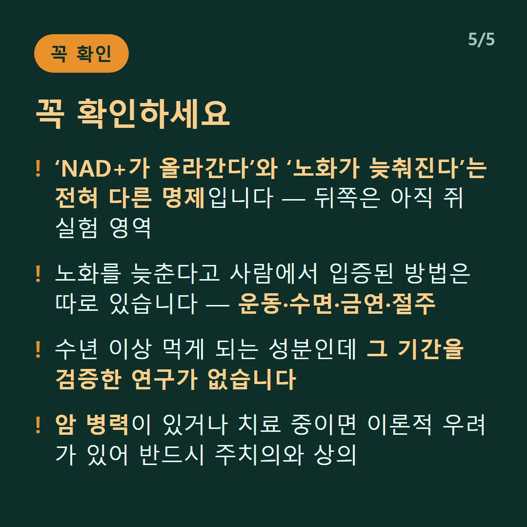 꼭 확인하세요 — ‘NAD+가 올라간다’와 ‘노화가 늦춰진다’는 전혀 다른 명제입니다 — 뒤쪽은 아직 쥐 실험 영역 / 노화를 늦춘다고 사람에서 입증된 방법은 따로 있습니다 — 운동·수면·금연·절주 / 수년 이상 먹게 되는 성분인데 그 기간을 검증한 연구가 없습니다 / 암 병력이 있거나 치료 중이면 이론적 우려가 있어 반드시 주치의와 상의