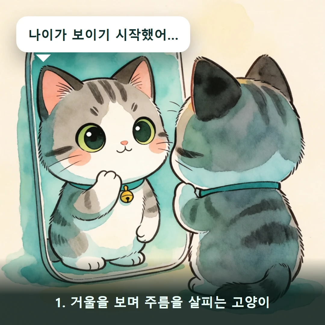 웹툰 1컷 — 1. 거울을 보며 주름을 살피는 고양이 (나이가 보이기 시작했어…)