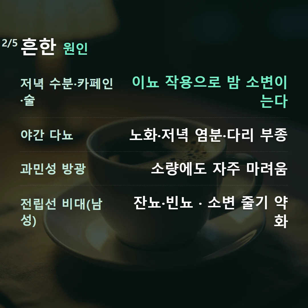 흔한 원인 — 저녁 수분·카페인·술 이뇨 작용으로 밤 소변이 는다, 야간 다뇨 노화·저녁 염분·다리 부종, 과민성 방광 소량에도 자주 마려움, 전립선 비대(남성) 잔뇨·빈뇨 · 소변 줄기 약화