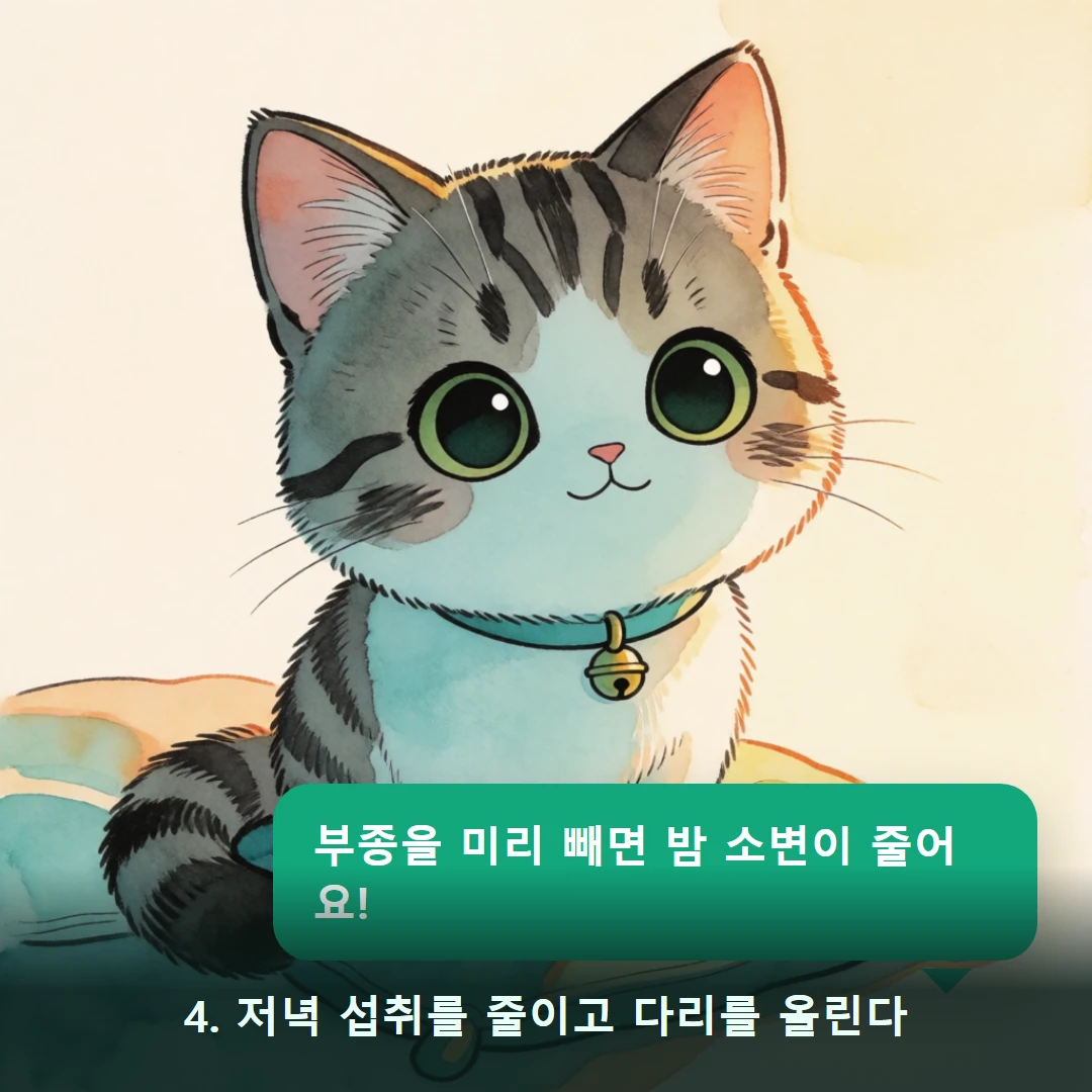 웹툰 4컷 — 4. 저녁 섭취를 줄이고 다리를 올린다 (부종을 미리 빼면 밤 소변이 줄어요!)