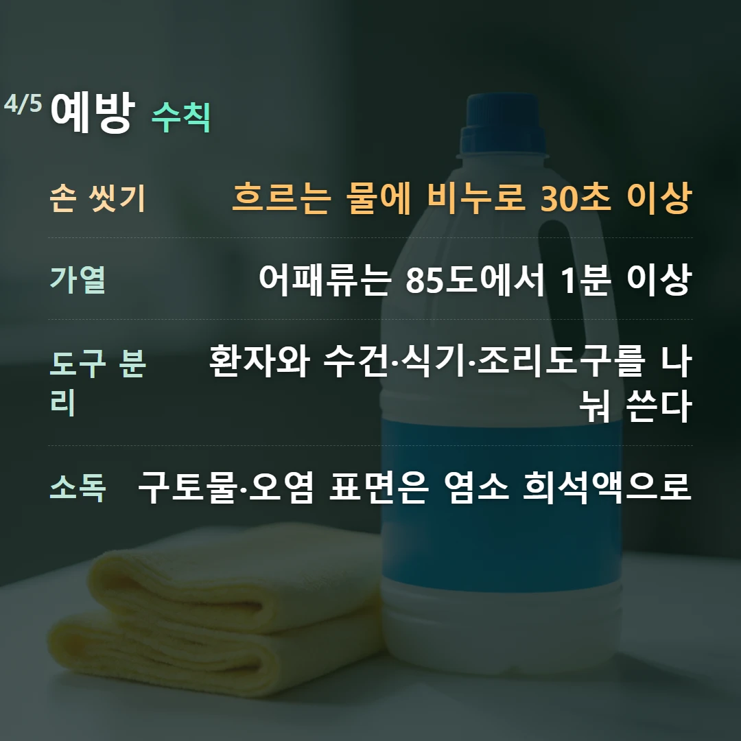 예방 수칙 — 손 씻기 흐르는 물에 비누로 30초 이상, 가열 어패류는 85도에서 1분 이상, 도구 분리 환자와 수건·식기·조리도구를 나눠 쓴다, 소독 구토물·오염 표면은 염소 희석액으로