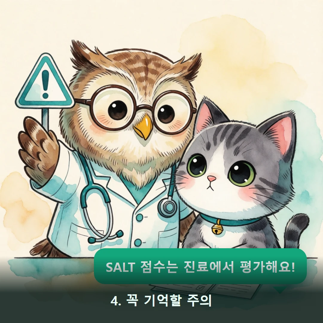 웹툰 4컷 — 4. 꼭 기억할 주의 (SALT 점수는 진료에서 평가해요!)