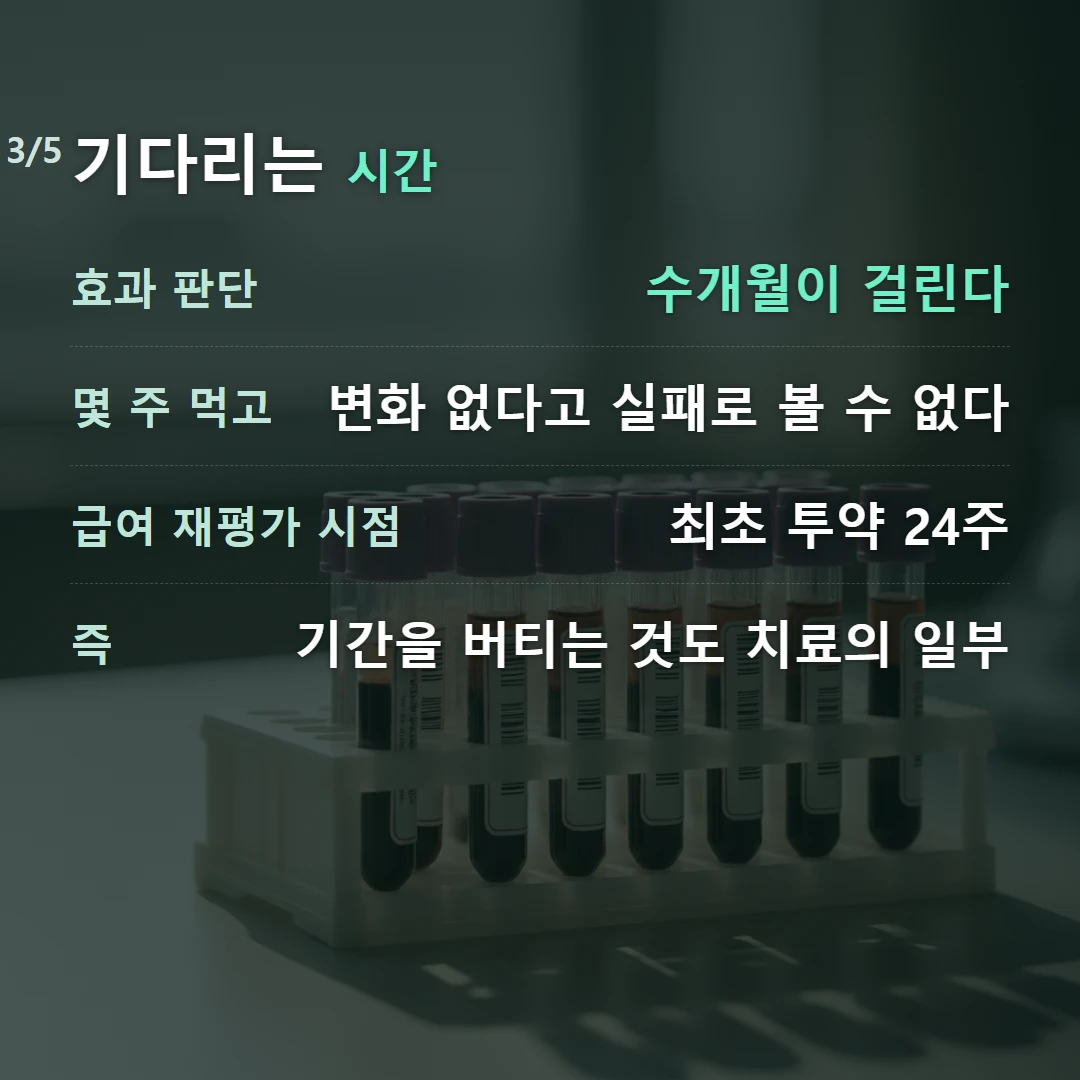기다리는 시간 — 효과 판단 수개월이 걸린다, 몇 주 먹고 변화 없다고 실패로 볼 수 없다, 급여 재평가 시점 최초 투약 24주, 즉 기간을 버티는 것도 치료의 일부