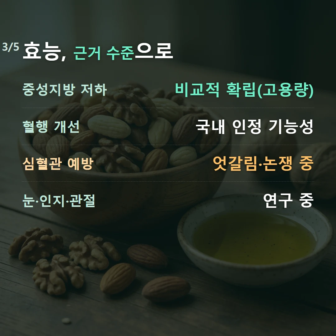 효능, 근거 수준으로 — 중성지방 저하 비교적 확립(고용량), 혈행 개선 국내 인정 기능성, 심혈관 예방 엇갈림·논쟁 중, 눈·인지·관절 연구 중