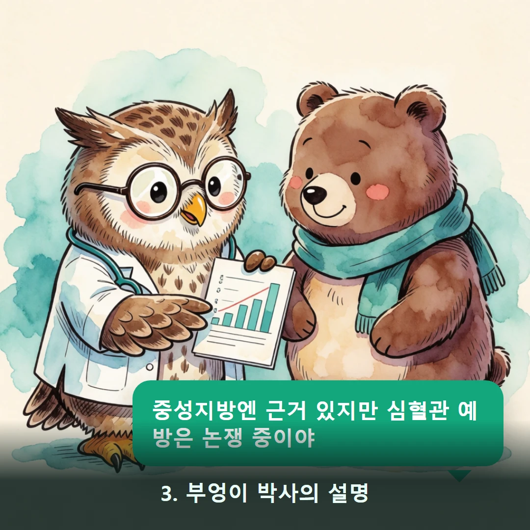 웹툰 3컷 — 3. 부엉이 박사의 설명 (중성지방엔 근거 있지만 심혈관 예방은 논쟁 중이야)