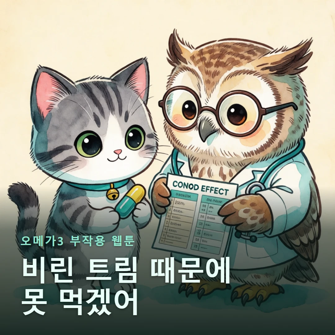 오메가3 부작용 웹툰 표지 — 비린 트림 때문에 못 먹겠어