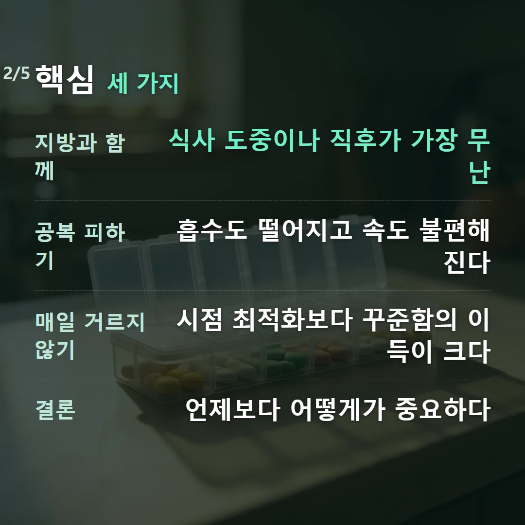 핵심 세 가지 — 지방과 함께 식사 도중이나 직후가 가장 무난, 공복 피하기 흡수도 떨어지고 속도 불편해진다, 매일 거르지 않기 시점 최적화보다 꾸준함의 이득이 크다, 결론 언제보다 어떻게가 중요하다