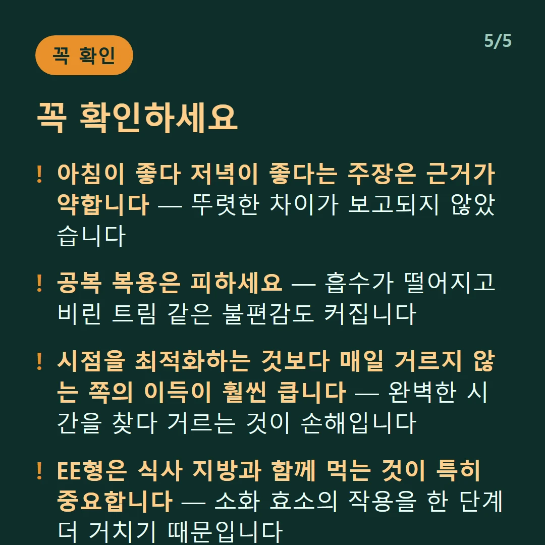 꼭 확인하세요 — 아침이 좋다 저녁이 좋다는 주장은 근거가 약합니다 — 뚜렷한 차이가 보고되지 않았습니다 / 공복 복용은 피하세요 — 흡수가 떨어지고 비린 트림 같은 불편감도 커집니다 / 시점을 최적화하는 것보다 매일 거르지 않는 쪽의 이득이 훨씬 큽니다 — 완벽한 시간을 찾다 거르는 것이 손해입니다 / EE형은 식사 지방과 함께 먹는 것이 특히 중요합니다 — 소화 효소의 작용을 한 단계 더 거치기 때문입니다