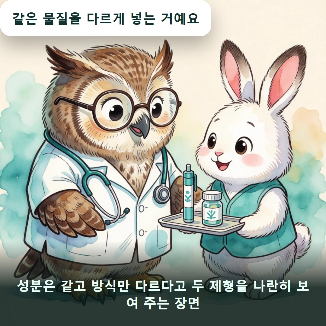 웹툰 3컷 — 성분은 같고 방식만 다르다고 두 제형을 나란히 보여 주는 장면 (같은 물질을 다르게 넣는 거예요)