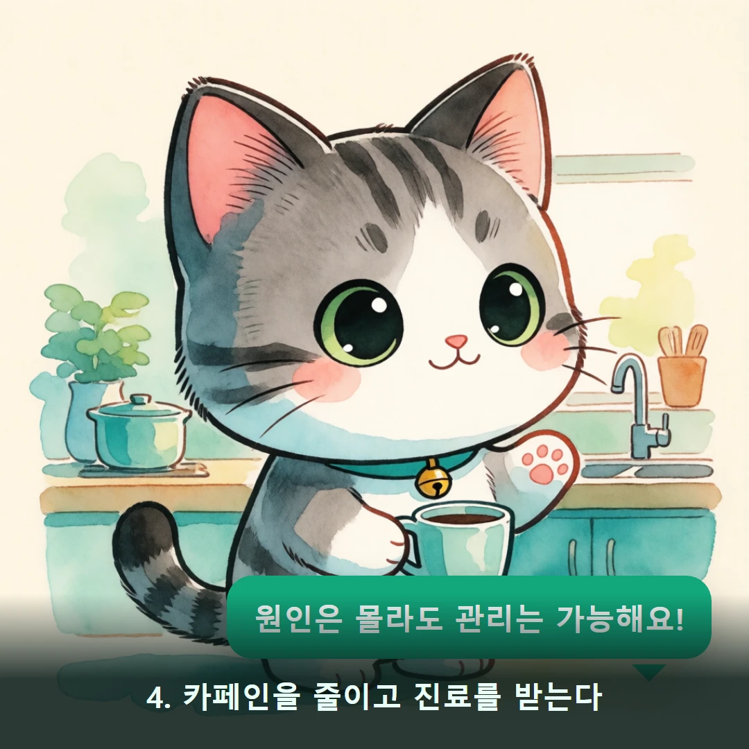 웹툰 4컷 — 4. 카페인을 줄이고 진료를 받는다 (원인은 몰라도 관리는 가능해요!)