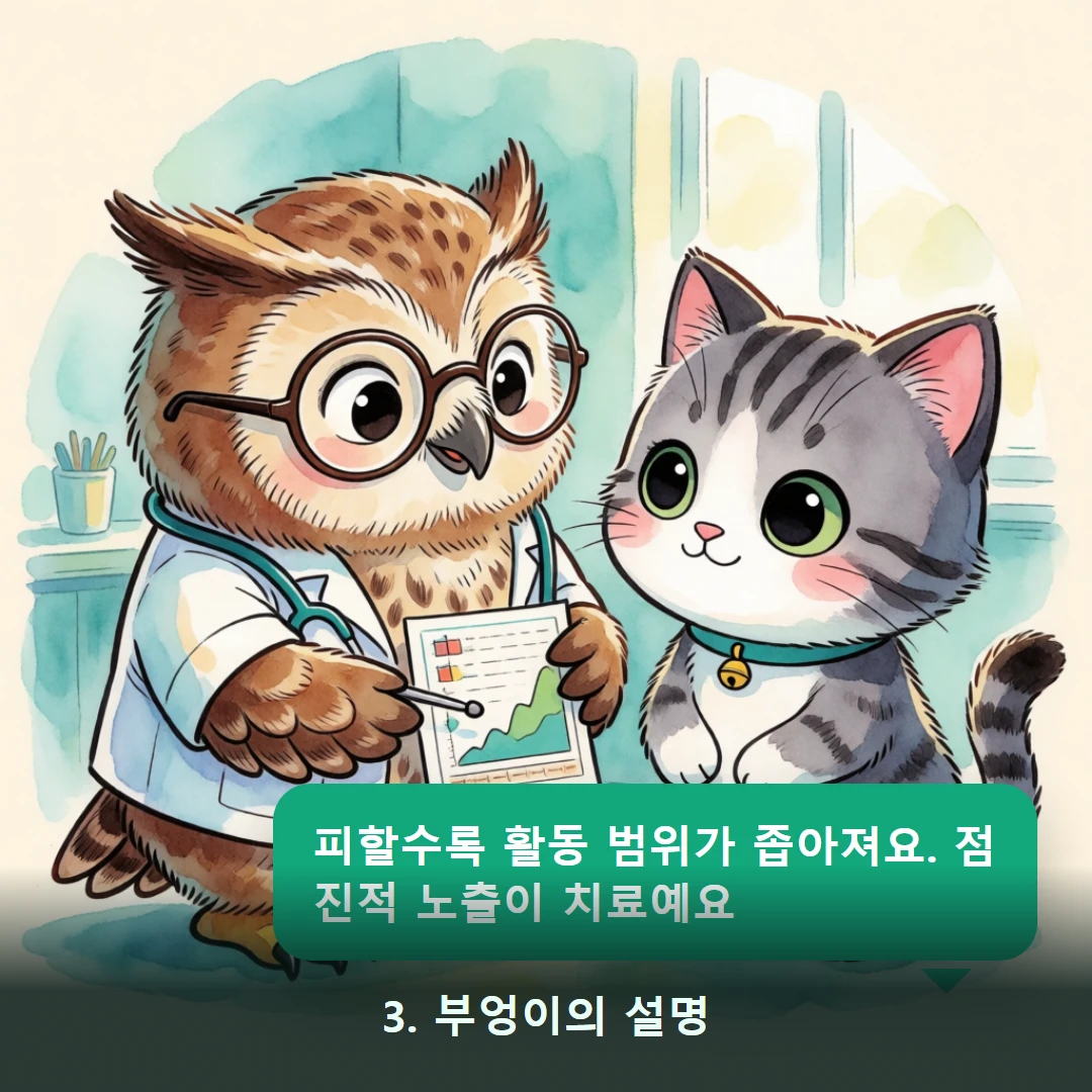 웹툰 3컷 — 3. 부엉이의 설명 (피할수록 활동 범위가 좁아져요. 점진적 노출이 치료예요)