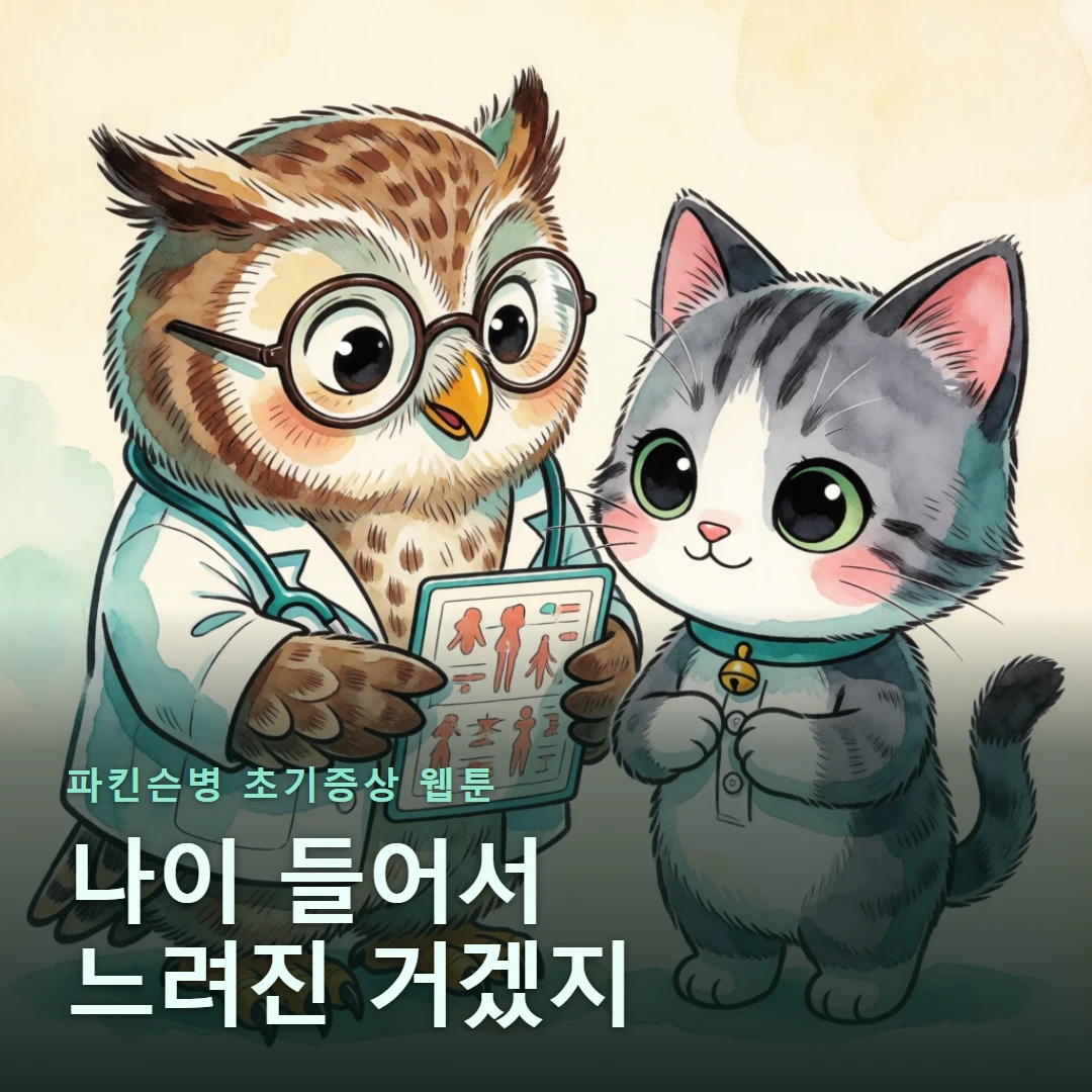 파킨슨병 초기증상 웹툰 표지 — 나이 들어서 느려진 거겠지
