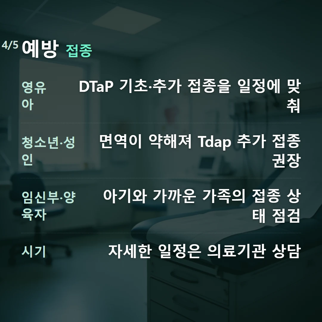 예방 접종 — 영유아 DTaP 기초·추가 접종을 일정에 맞춰, 청소년·성인 면역이 약해져 Tdap 추가 접종 권장, 임신부·양육자 아기와 가까운 가족의 접종 상태 점검, 시기 자세한 일정은 의료기관 상담