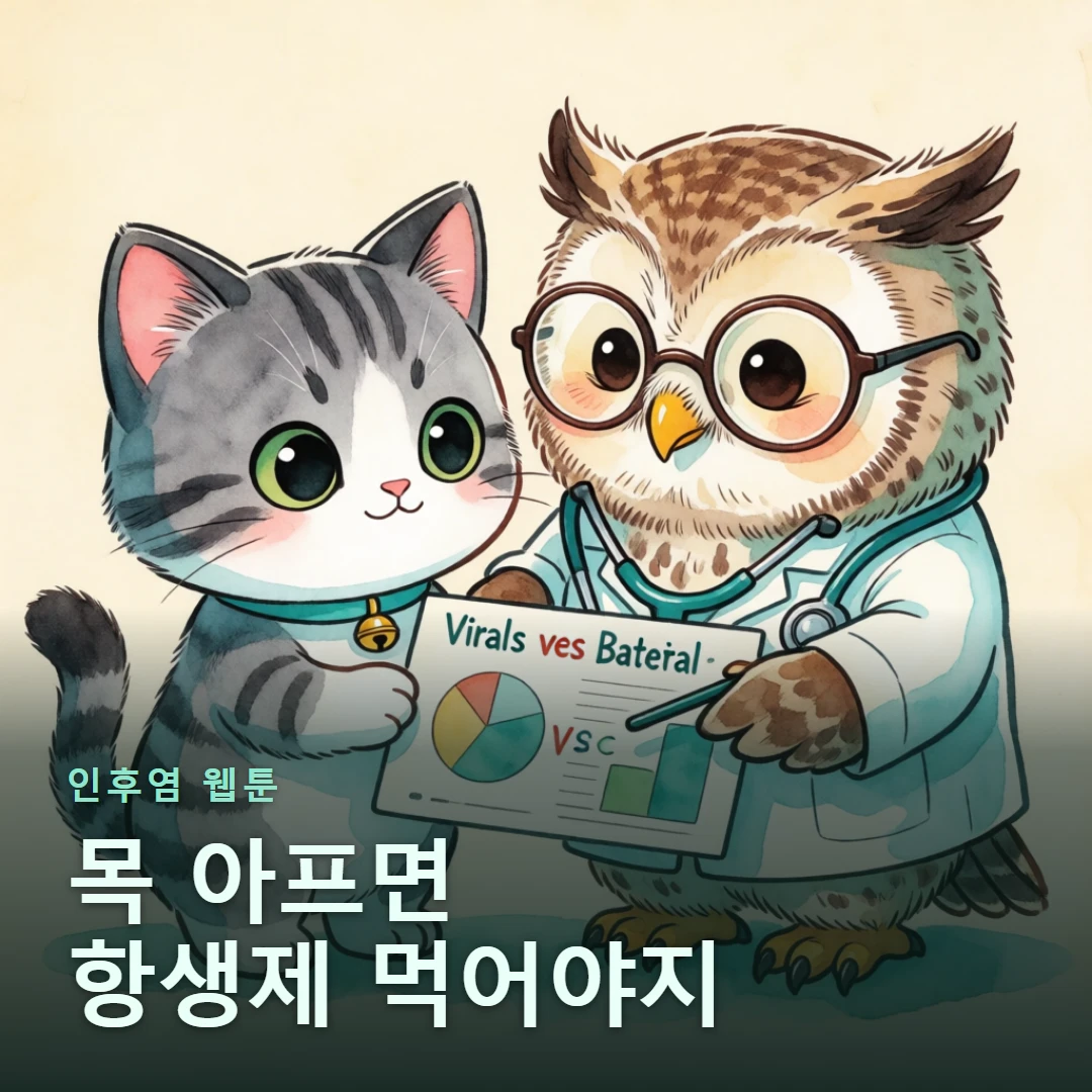 인후염 웹툰 표지 — 목 아프면 항생제 먹어야지