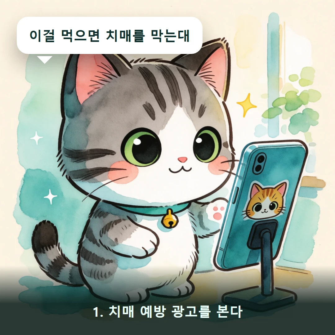 웹툰 1컷 — 1. 치매 예방 광고를 본다 (이걸 먹으면 치매를 막는대)