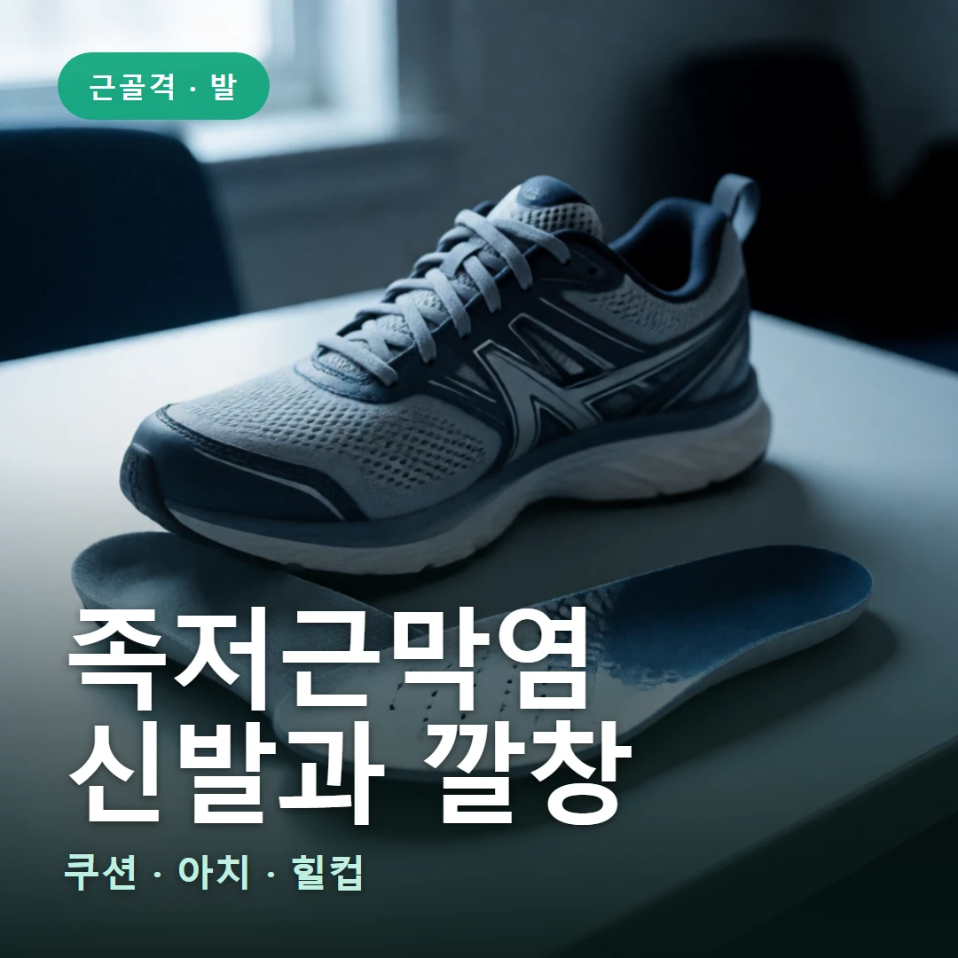 족저근막염 신발 요약 표지 — 쿠션 · 아치 · 힐컵