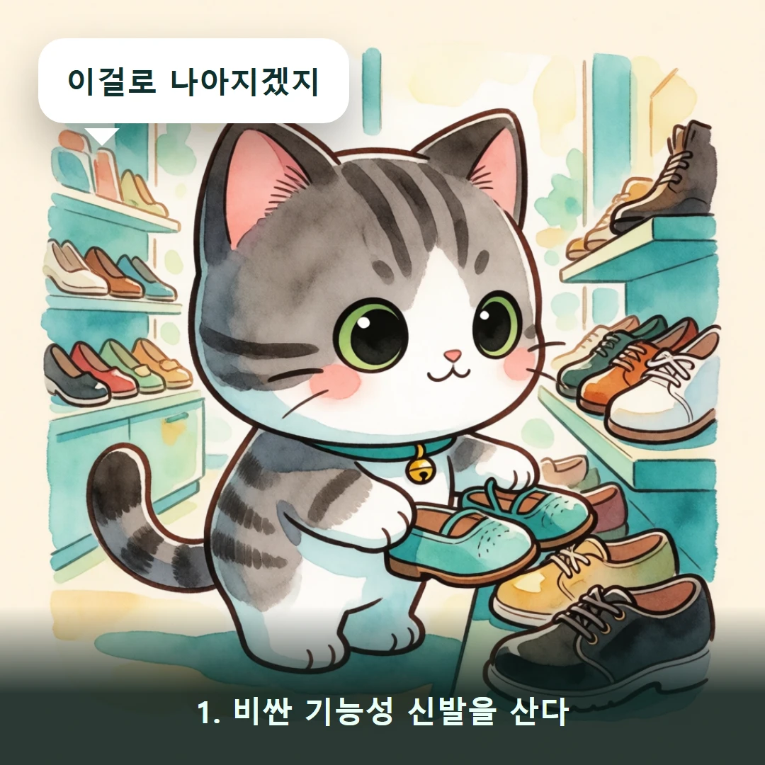 웹툰 1컷 — 1. 비싼 기능성 신발을 산다 (이걸로 나아지겠지)