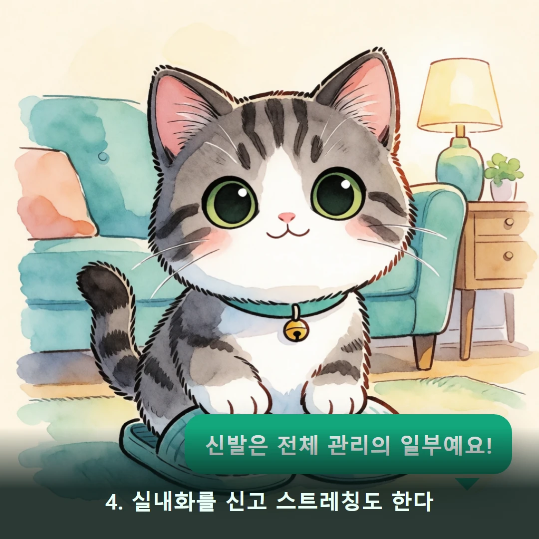 웹툰 4컷 — 4. 실내화를 신고 스트레칭도 한다 (신발은 전체 관리의 일부예요!)