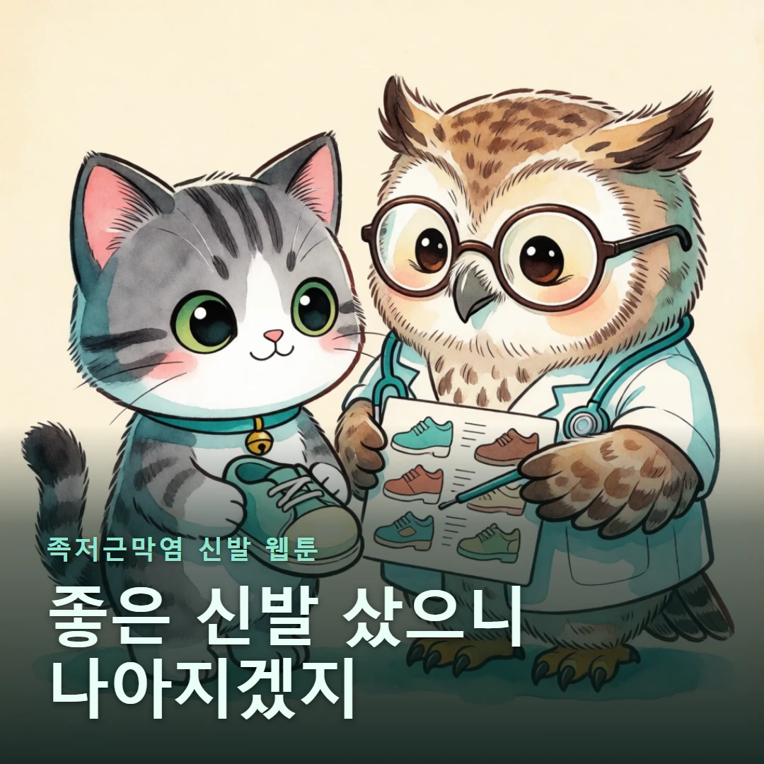 족저근막염 신발 웹툰 표지 — 좋은 신발 샀으니 나아지겠지