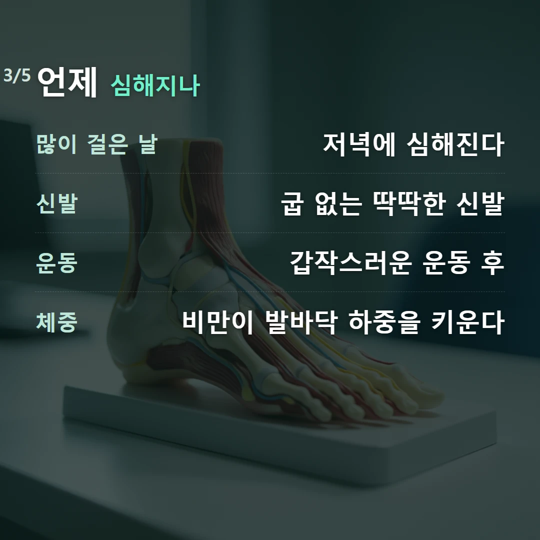언제 심해지나 — 많이 걸은 날 저녁에 심해진다, 신발 굽 없는 딱딱한 신발, 운동 갑작스러운 운동 후, 체중 비만이 발바닥 하중을 키운다