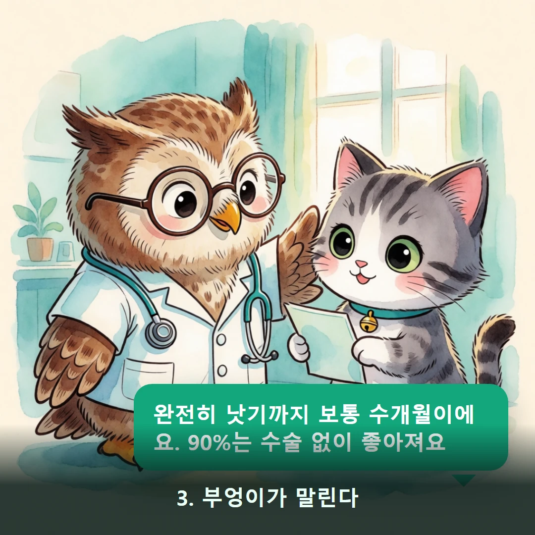 웹툰 3컷 — 3. 부엉이가 말린다 (완전히 낫기까지 보통 수개월이에요. 90%는 수술 없이 좋아져요)