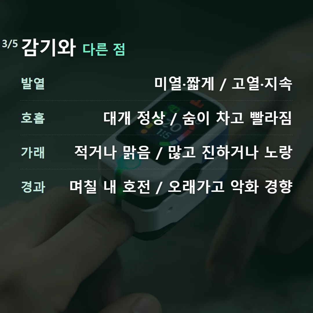 감기와 다른 점 — 발열 미열·짧게 / 고열·지속, 호흡 대개 정상 / 숨이 차고 빨라짐, 가래 적거나 맑음 / 많고 진하거나 노랑, 경과 며칠 내 호전 / 오래가고 악화 경향