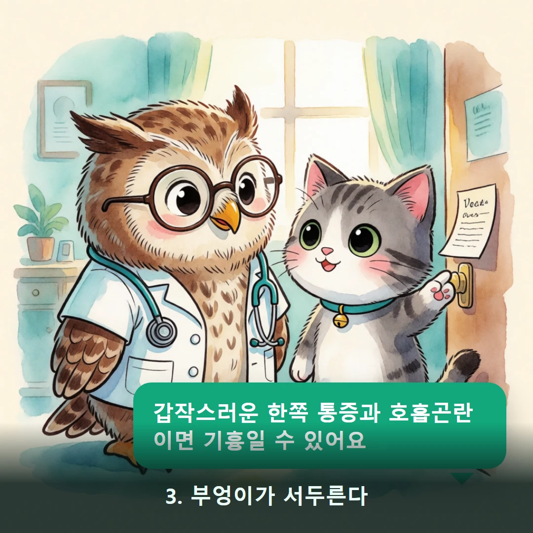 웹툰 3컷 — 3. 부엉이가 서두른다 (갑작스러운 한쪽 통증과 호흡곤란이면 기흉일 수 있어요)