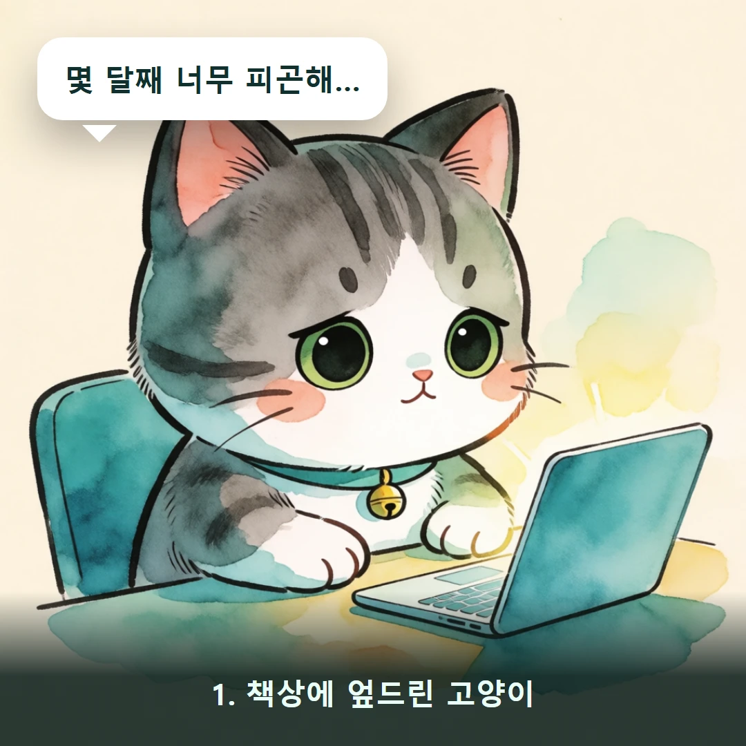 웹툰 1컷 — 1. 책상에 엎드린 고양이 (몇 달째 너무 피곤해…)