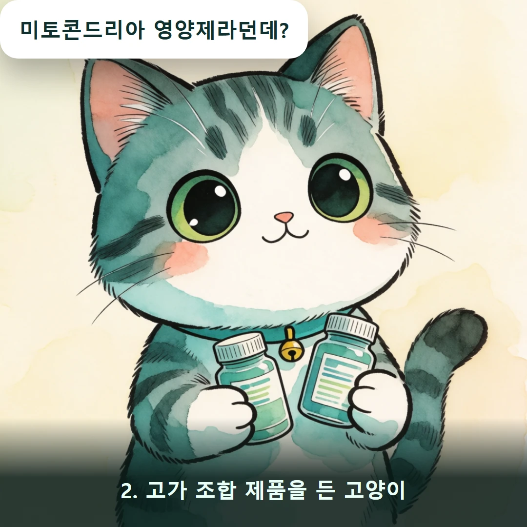 웹툰 2컷 — 2. 고가 조합 제품을 든 고양이 (미토콘드리아 영양제라던데?)