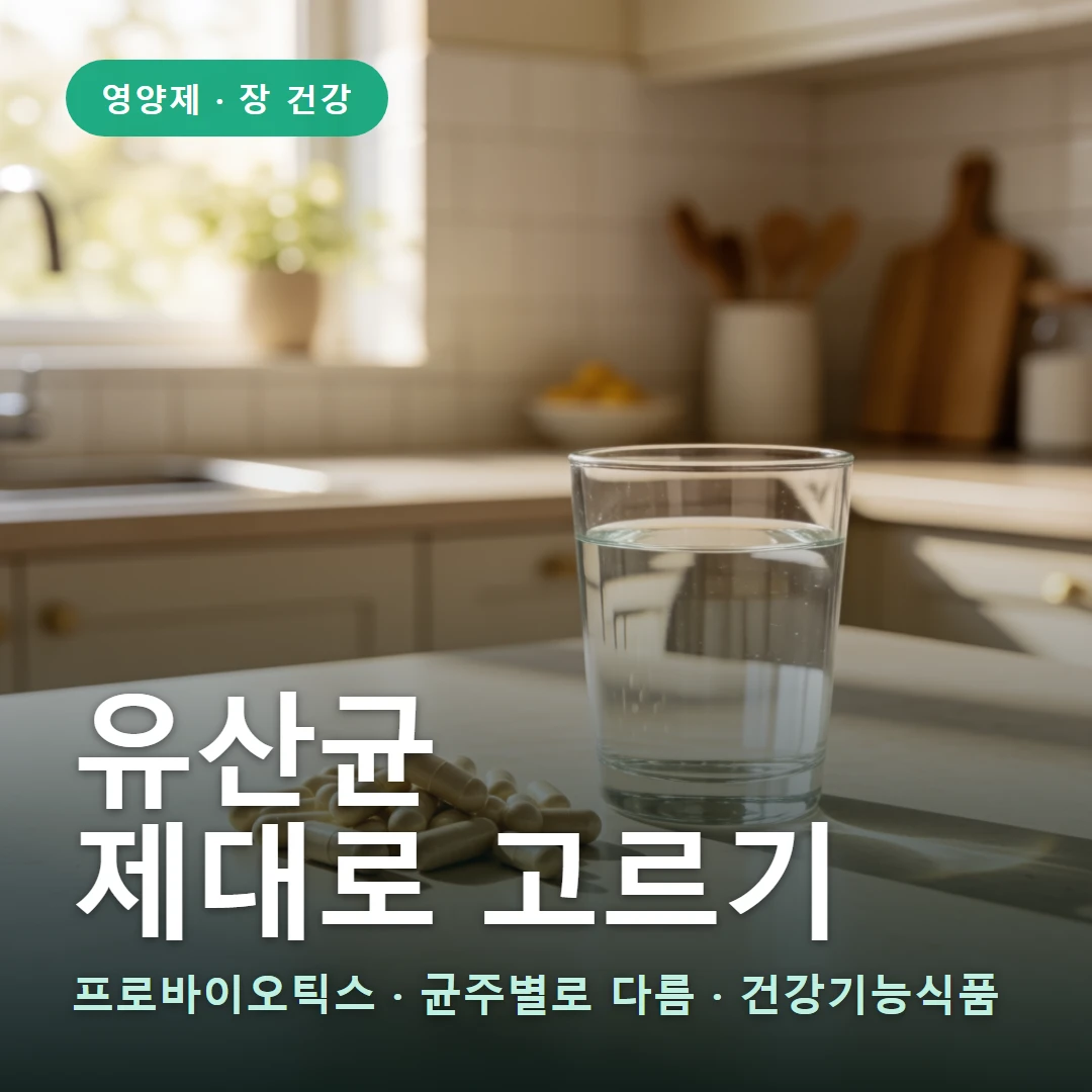 유산균 요약 표지 — 프로바이오틱스 · 균주별로 다름 · 건강기능식품