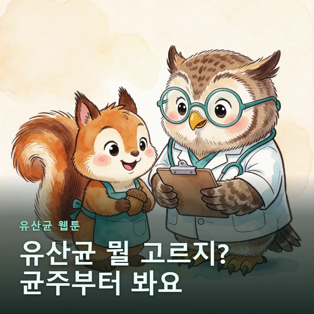 유산균 웹툰 표지 — 유산균 뭘 고르지? 균주부터 봐요