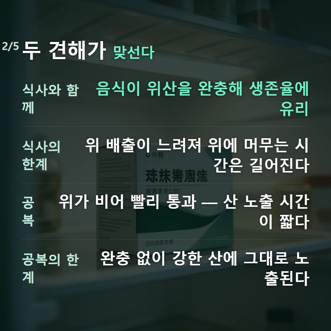 두 견해가 맞선다 — 식사와 함께 음식이 위산을 완충해 생존율에 유리, 식사의 한계 위 배출이 느려져 위에 머무는 시간은 길어진다, 공복 위가 비어 빨리 통과 — 산 노출 시간이 짧다, 공복의 한계 완충 없이 강한 산에 그대로 노출된다