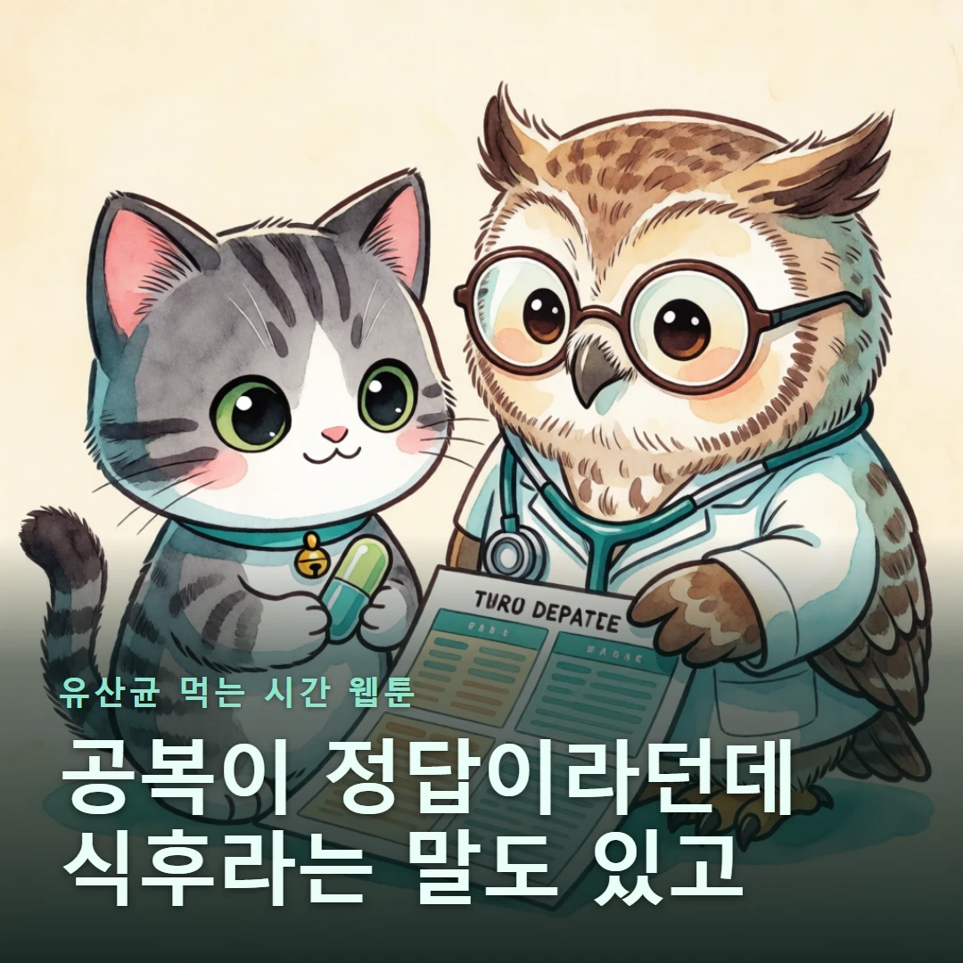 유산균 먹는 시간 웹툰 표지 — 공복이 정답이라던데 식후라는 말도 있고