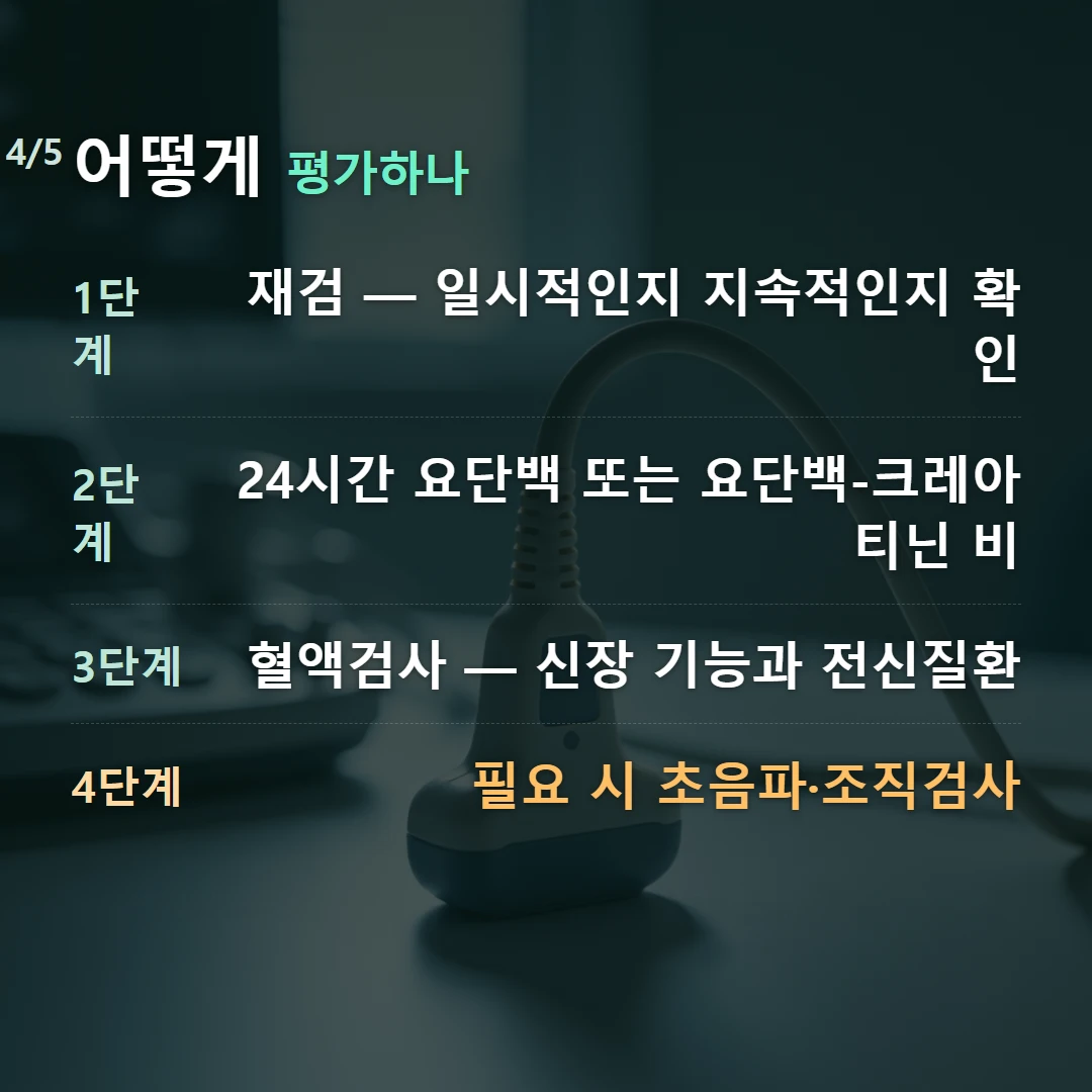 어떻게 평가하나 — 1단계 재검 — 일시적인지 지속적인지 확인, 2단계 24시간 요단백 또는 요단백-크레아티닌 비, 3단계 혈액검사 — 신장 기능과 전신질환, 4단계 필요 시 초음파·조직검사