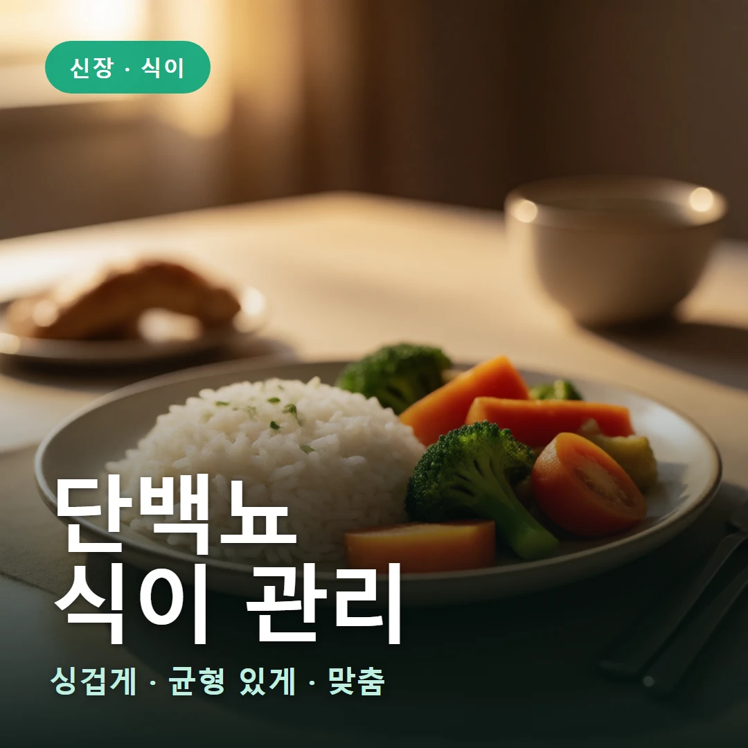 단백뇨 식이 요약 표지 — 싱겁게 · 균형 있게 · 맞춤