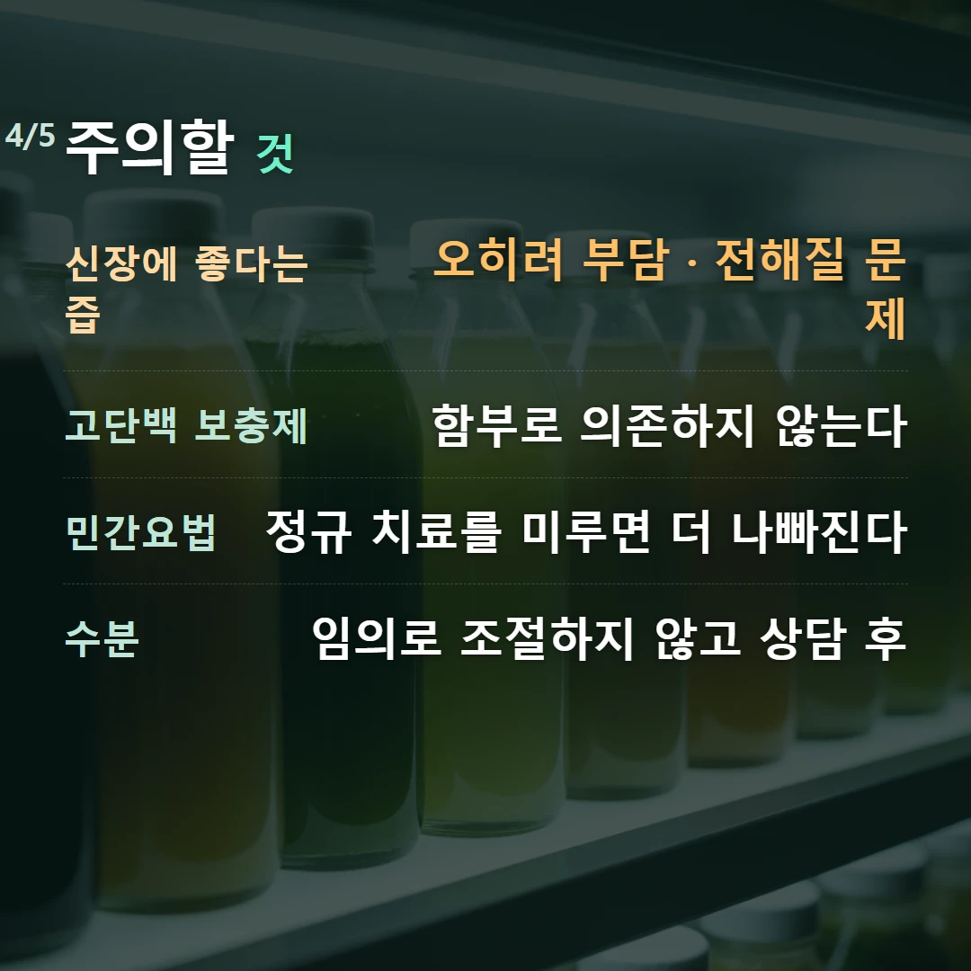 주의할 것 — 신장에 좋다는 즙 오히려 부담 · 전해질 문제, 고단백 보충제 함부로 의존하지 않는다, 민간요법 정규 치료를 미루면 더 나빠진다, 수분 임의로 조절하지 않고 상담 후