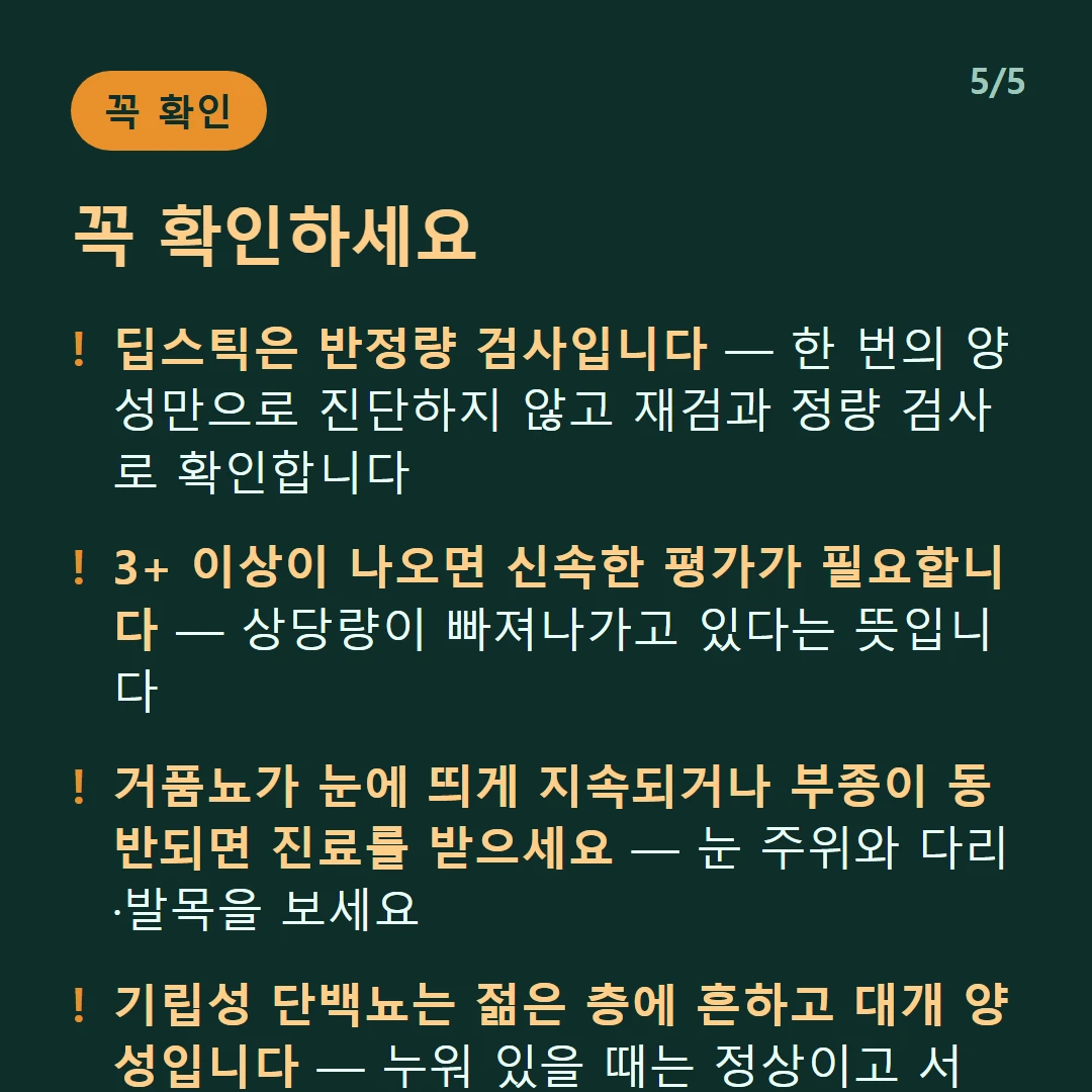 꼭 확인하세요 — 딥스틱은 반정량 검사입니다 — 한 번의 양성만으로 진단하지 않고 재검과 정량 검사로 확인합니다 / 3+ 이상이 나오면 신속한 평가가 필요합니다 — 상당량이 빠져나가고 있다는 뜻입니다 / 거품뇨가 눈에 띄게 지속되거나 부종이 동반되면 진료를 받으세요 — 눈 주위와 다리·발목을 보세요 / 기립성 단백뇨는 젊은 층에 흔하고 대개 양성입니다 — 누워 있을 때는 정상이고 서 있을 때만 나옵니다