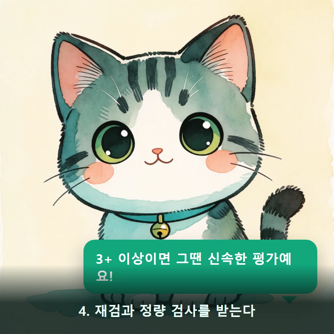 웹툰 4컷 — 4. 재검과 정량 검사를 받는다 (3+ 이상이면 그땐 신속한 평가예요!)