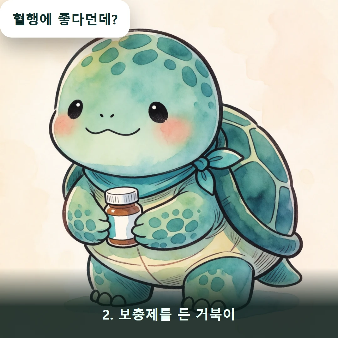 웹툰 2컷 — 2. 보충제를 든 거북이 (혈행에 좋다던데?)