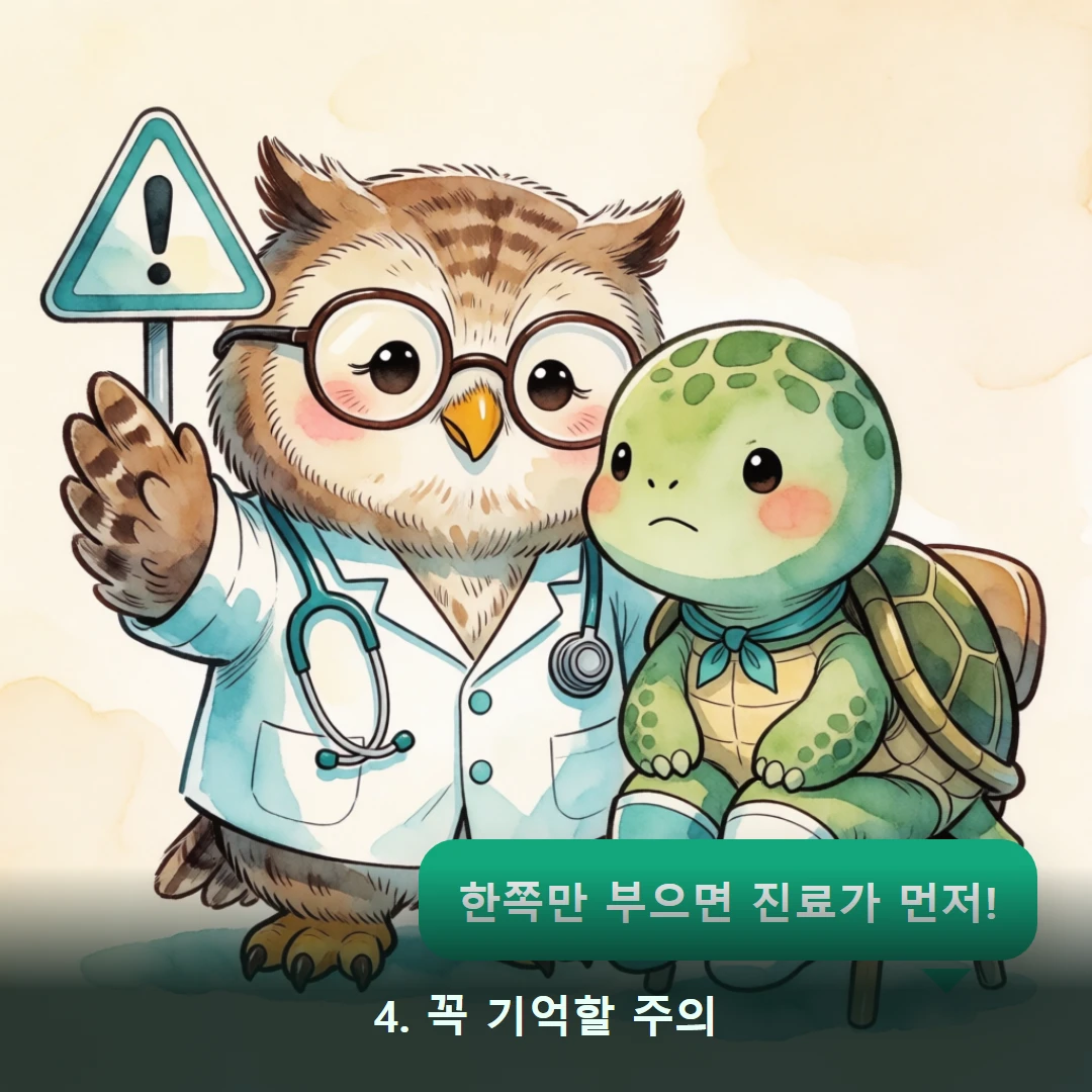 웹툰 4컷 — 4. 꼭 기억할 주의 (한쪽만 부으면 진료가 먼저!)