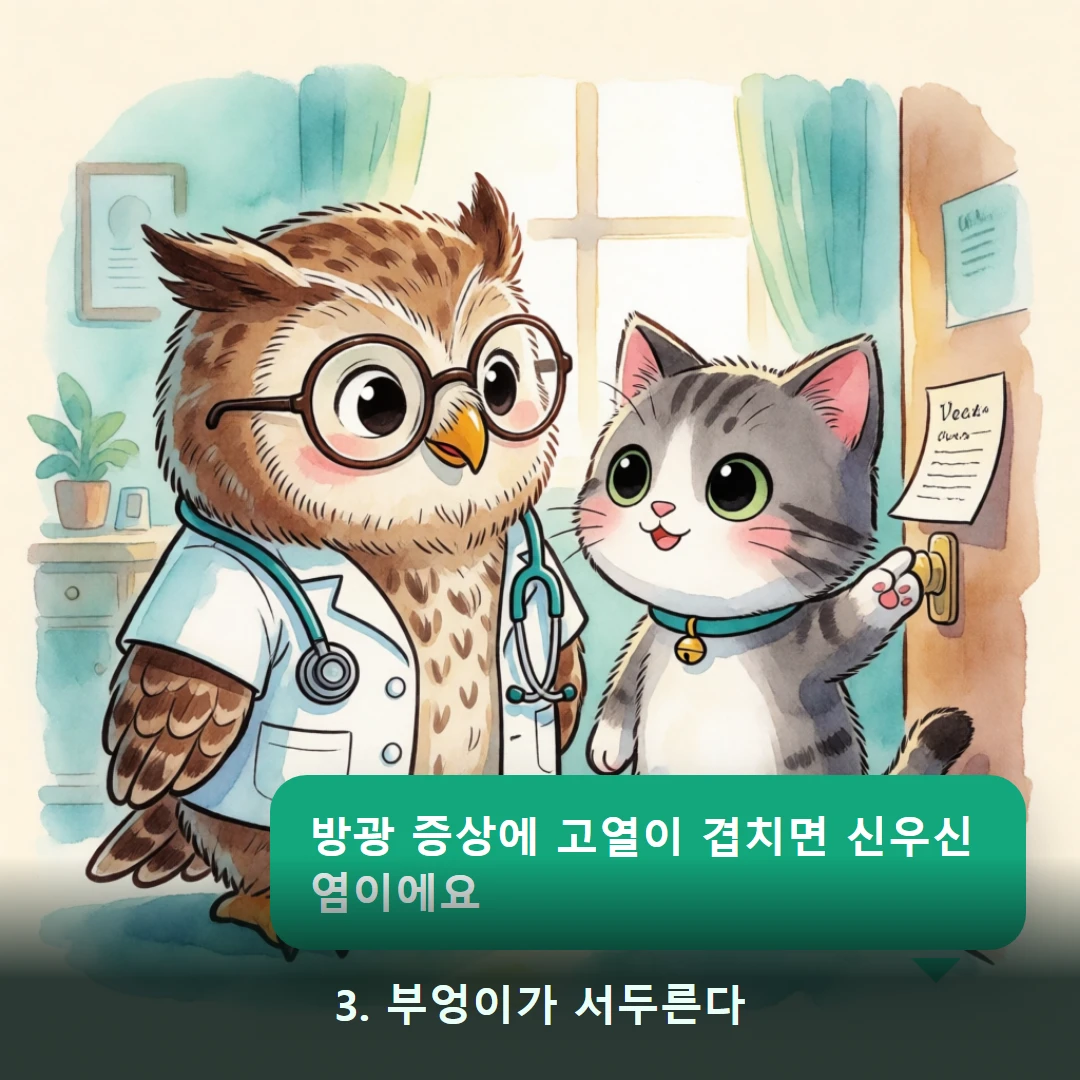 웹툰 3컷 — 3. 부엉이가 서두른다 (방광 증상에 고열이 겹치면 신우신염이에요)