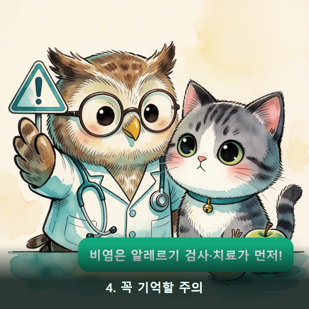 웹툰 4컷 — 4. 꼭 기억할 주의 (비염은 알레르기 검사·치료가 먼저!)
