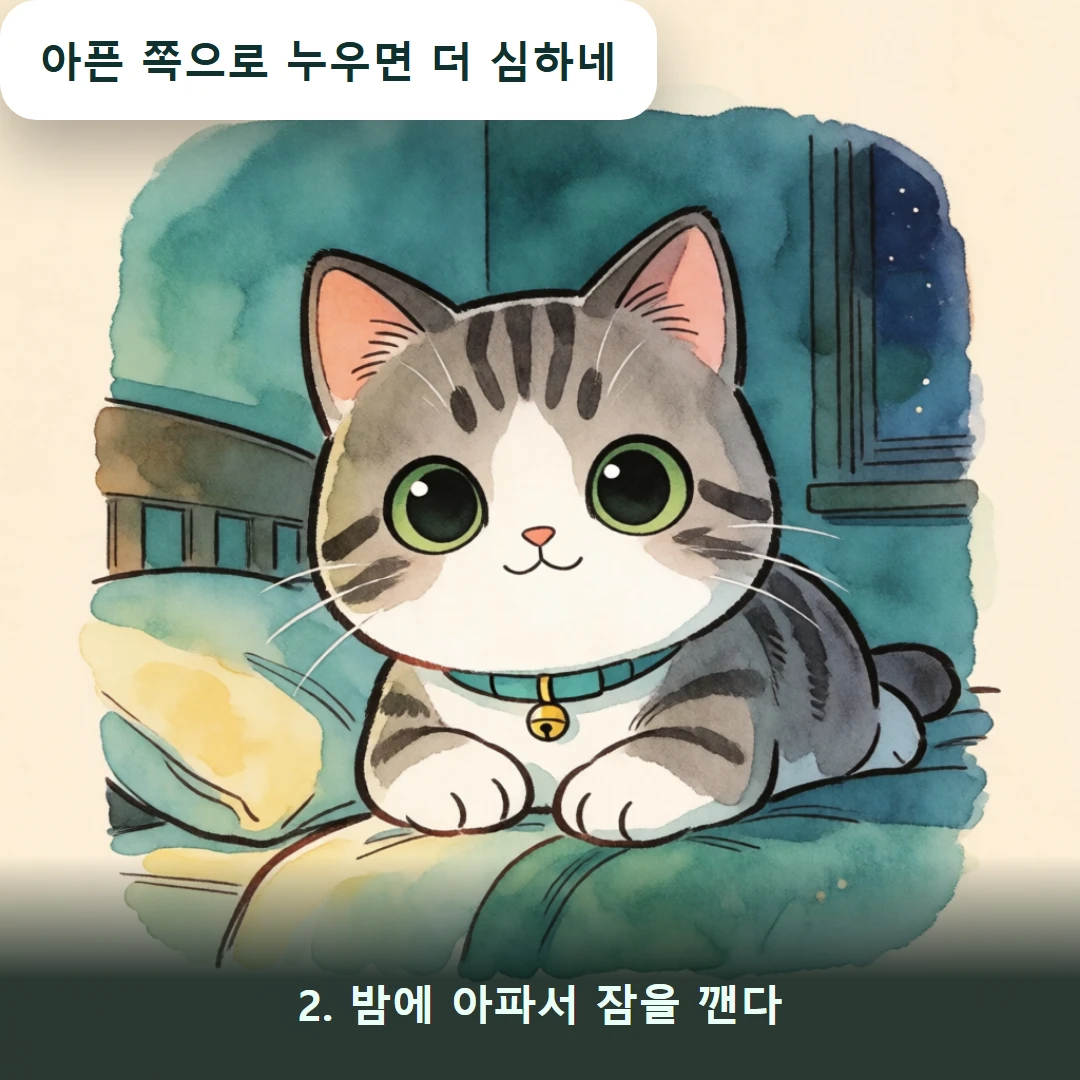 웹툰 2컷 — 2. 밤에 아파서 잠을 깬다 (아픈 쪽으로 누우면 더 심하네)