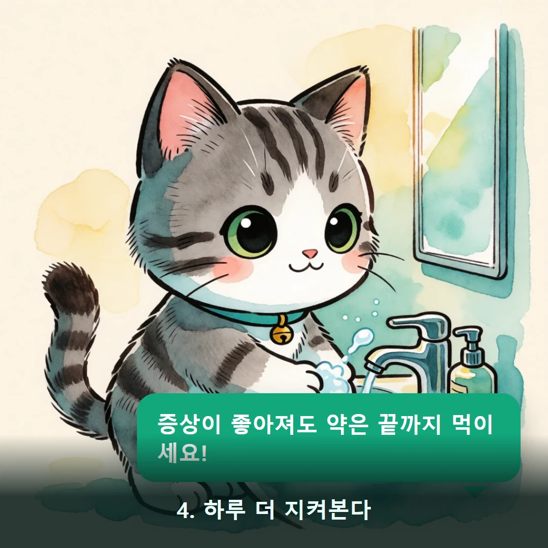 웹툰 4컷 — 4. 하루 더 지켜본다 (증상이 좋아져도 약은 끝까지 먹이세요!)